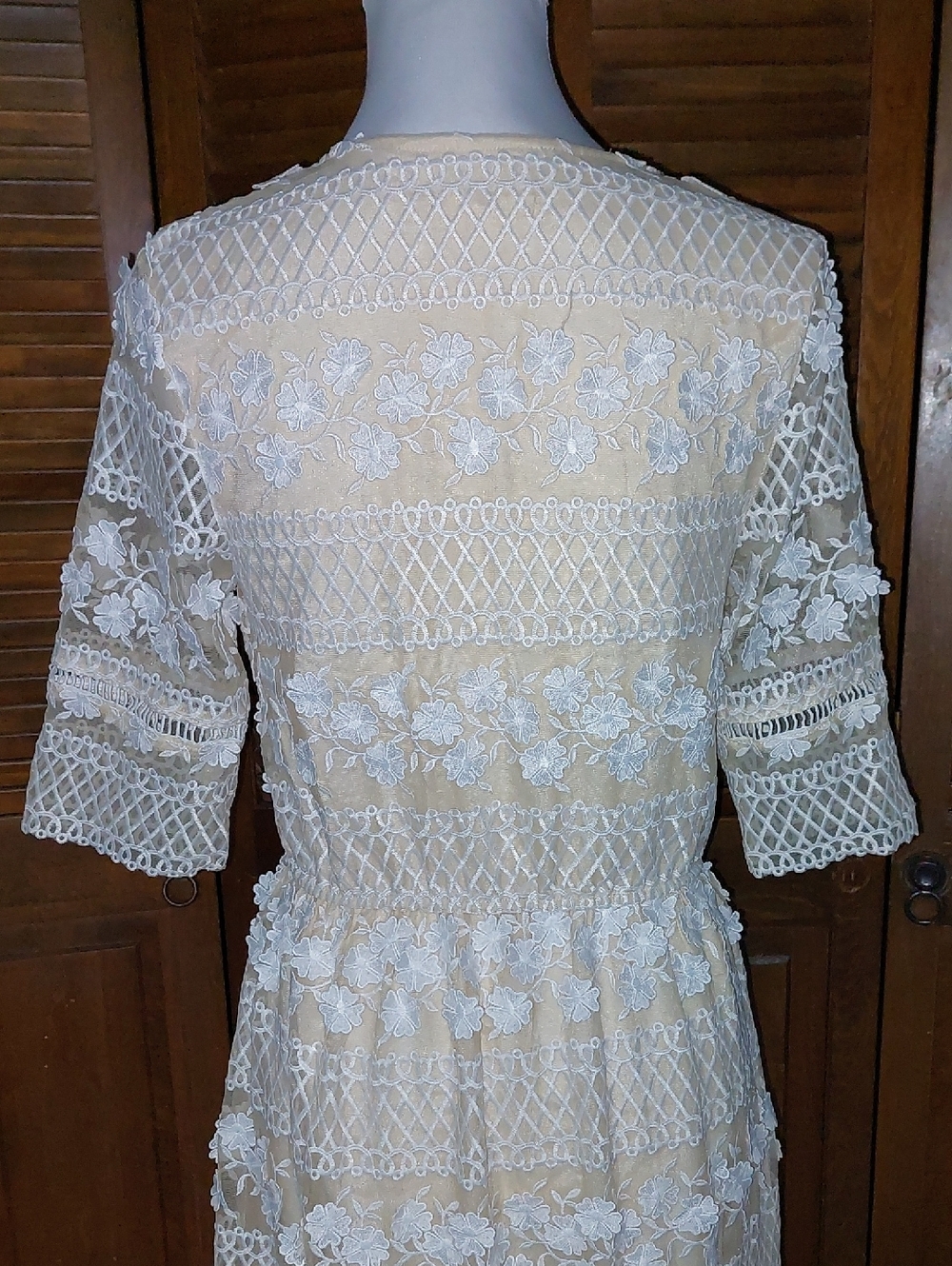 Bohemian Beige Lace 3D Floral Maxi Dress Sz S - Picture 7 of 16